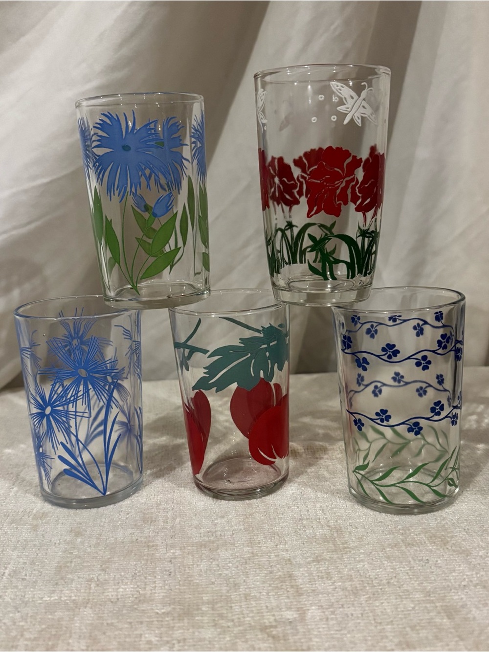 Set of 5 Vintage Floral Printed Glasses - Blue, Red, Green - Picture 1 of 6